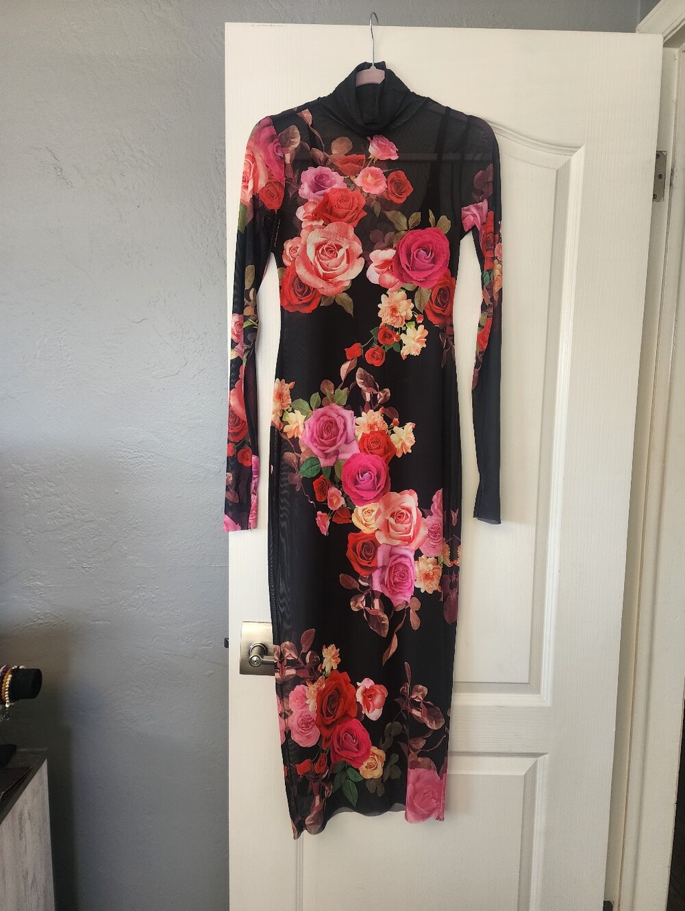 AFRM Black Long-Sleeve Floral Midi Dress with Pink & Red Roses Size SP NWT
